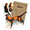 A wooden cat model with a black and orange pattern, accompanied by design templates and packaging.