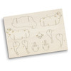 A wooden model kit featuring sheep-shaped pieces, intricate engravings, and numbered sections for assembly.