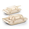 A wooden model of a tank, featuring a natural wood finish with detailed cut-out designs.
