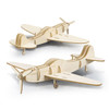 A wooden model of a plane in light brown, showcasing intricate design details and propellers. Features a logo.