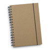 A brown spiral notebook with an elastic band closure features black spirals and a plain cover.