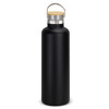 A drink bottle in matte black with a stainless steel neck and wooden cap, featuring a metal carry handle.