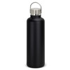 A drink bottle with a sleek matte black finish and a stainless steel lid, featuring a carry handle.