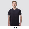 A black men's sports T-shirt with a round neck and short sleeves, featuring a logo.