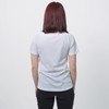 A white women's sports t-shirt with a fitted design and a logo at the back. Suitable for athletic activities.