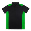 A black polo shirt with green side panels and a collar, featuring a logo on the chest.