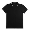 A black polo shirt featuring a collar with contrasting stripes and a logo.