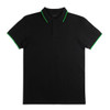 A black polo shirt featuring green accents on the collar and sleeve hems, with a logo on the chest.