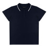 A navy polo shirt with a white collar and three-button placket, featuring a logo.