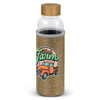 A drink bottle with a clear body, bamboo lid, and a natural fabric sleeve featuring a truck design.
