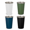 A set of four plastic tumblers in white, green, navy, and black, featuring stainless steel interiors and a logo.