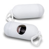 A white pet bag dispenser featuring a rounded capsule shape and a clip for attaching to bags or leashes.