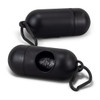 A black pet bag dispenser featuring a clip for attachment and a compartment for storing bags.