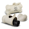 A bone-shaped pet bag dispenser in a natural colour, with a removable lid and a roll of bags inside. It features a logo.