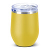 A drink bottle in vibrant yellow with a clear lid and a stainless steel rim, featuring a logo.