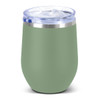 A drink bottle in matte green with a clear lid and a silver band around the top. Features a logo.