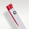 A recycled plastic pen in white with a red cap and a logo featuring a recycling symbol.