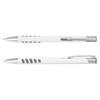 A metal pen with a white barrel and chrome accents, featuring a grip design and a branding logo.