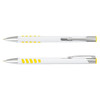 A metal pen with a white barrel and yellow accents, featuring a clip and grip design. It includes a logo.