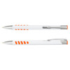 A metal pen with a white barrel and orange accents, featuring a silver clip and detailing.