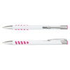 A metal pen with a white barrel and pink grip accents, featuring a clip and a logo.