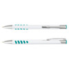 A white barrel metal pen with turquoise accents and a silver clip, featuring a branded logo.