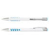 A white pen with a metal clip and blue grip accents, featuring a sleek, modern design.