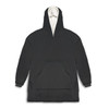 A black hoodie with a plush, cream-lined hood and a front pocket. It features a logo on the design.