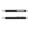 A black plastic pen with a silver clip and accents, featuring a textured grip. It has a minimalistic design and a logo.