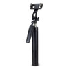 A black selfie stick tripod with a phone holder and adjustable settings for different angles.