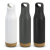 A drink bottle collection featuring white, olive green, and black bottles with a cork base and a handle. Each bottle has a logo.