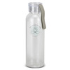 A drink bottle with a clear body, grey lid, and a handle, featuring a circular logo on the front.