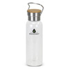 A drink bottle made of clear glass with a stainless steel lid and a wooden top, featuring a logo.