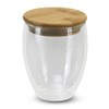 A drink bottle featuring a clear glass body with a bamboo lid, suitable for various beverages.