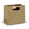 A medium, landscape-shaped die-cut paper bag in a natural brown colour, featuring cut-out handles.