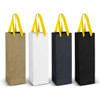 A set of four wine ribbon handle paper bags in gold, white, black, and dark green, featuring yellow handles.