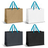A large paper bag collection featuring brown, white, and black options with turquoise ribbon handles.