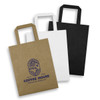 A set of three medium flat handle paper bags in brown, white, and black, each with a logo design on the front.