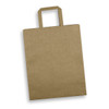 A large flat handle paper bag in a natural brown colour with a simple design. It features an attached handle.