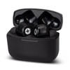 A pair of black ANC TWS earbuds in a charging case, featuring a logo on the earbuds.