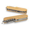 A wooden pocket knife with multiple tools, featuring a smooth wooden exterior and stainless steel components.