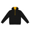 A black unisex hoodie featuring a yellow contrast hood and drawstrings, with a front pocket and branding.