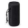 A black cylindrical Bluetooth speaker with textured surface and controls on the side, featuring a decorative strap.