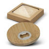A round bamboo bottle opener coaster set of two, featuring a silver opener, packaged in a brown box.