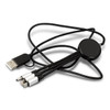 A braided charging cable with a black USB connector and dual charging ends in silver for multiple devices.