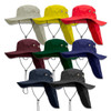 A selection of Legionnaire wide brim hats in grey, yellow, red, green, burgundy, navy, and black, featuring a logo.