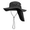 A wide-brim black hat featuring side buttons and a neck flap, designed for sun protection, with a drawstring.