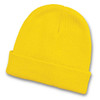 A bright yellow beanie with a folded cuff, featuring a logo.