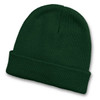 A dark green beanie with a cuffed design, featuring a textured knit pattern and a small logo.