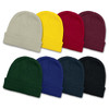 A collection of eight beanies in various colours: beige, yellow, red, burgundy, green, blue, dark green, and black. Each beanie has a rolled cuff.
